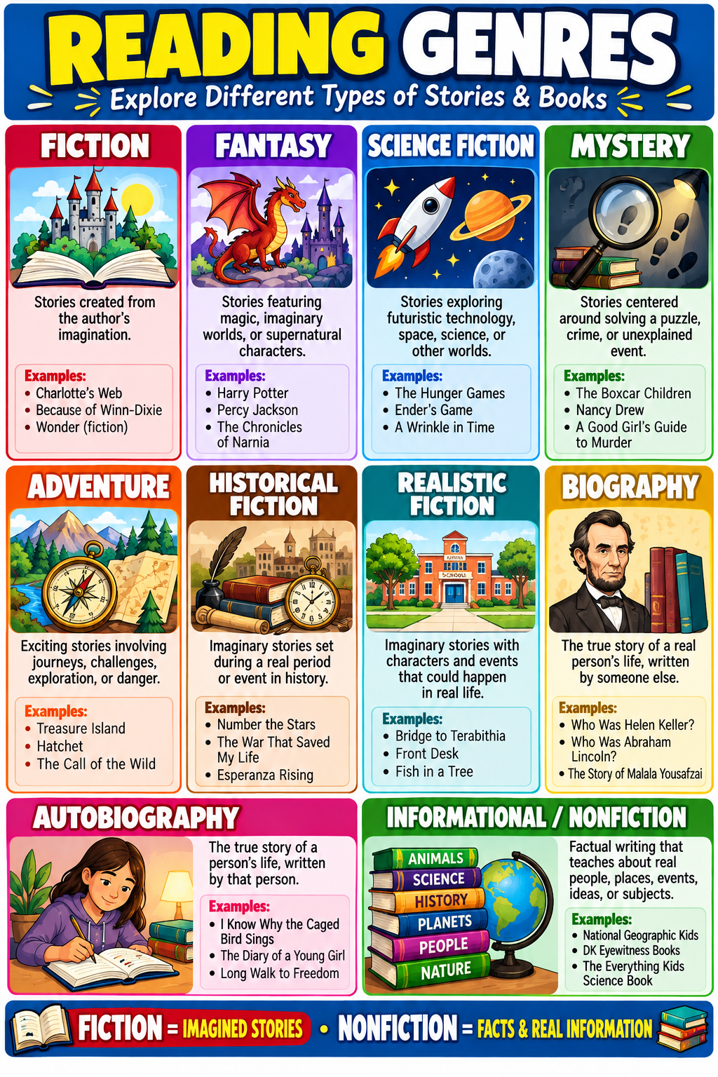 Reading genres educational poster showing fiction, fantasy, science fiction, mystery, adventure, historical fiction, realistic fiction, biography, autobiography and nonfiction