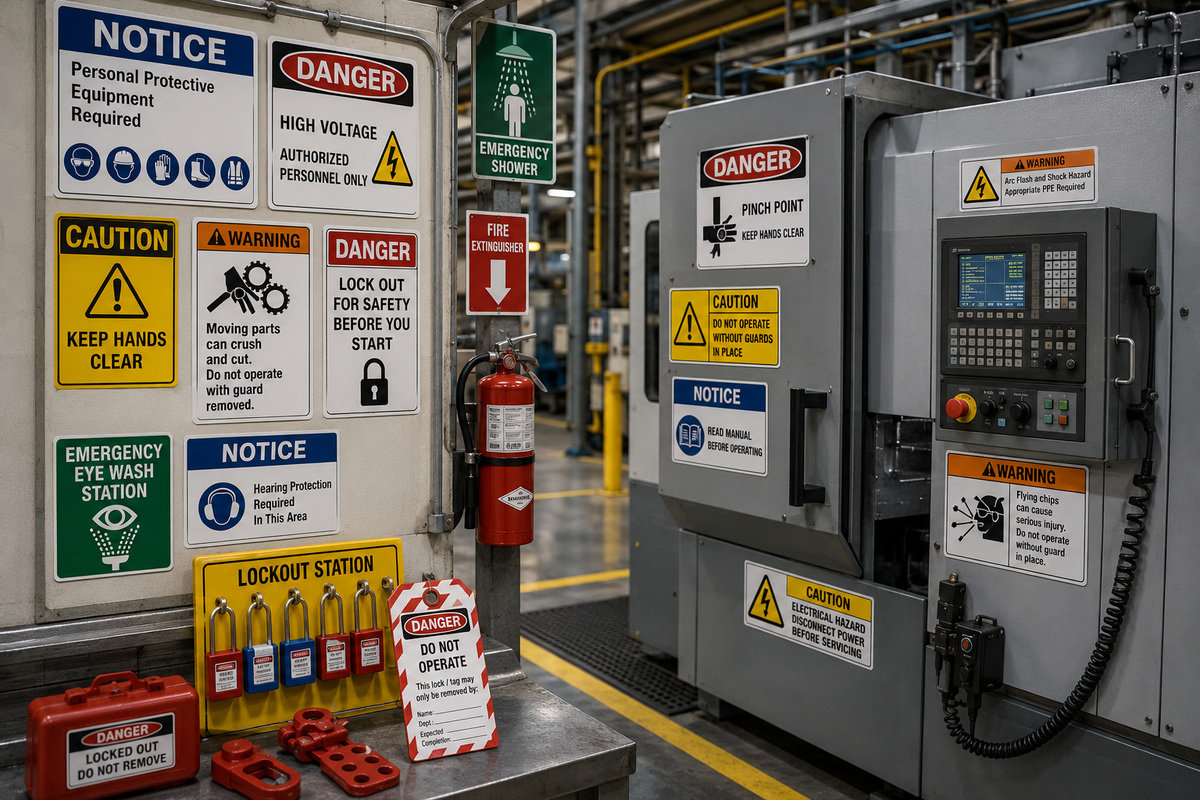 Industrial safety signs, warning labels, and lockout tagout identification in a manufacturing facility