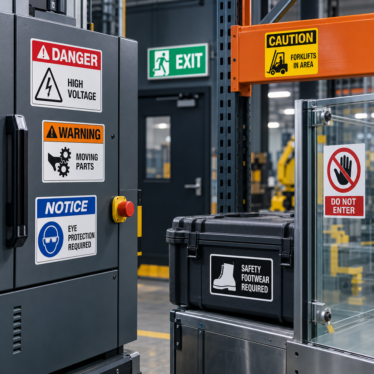 Safety and warning decals applied to industrial equipment, warehouse racks and machinery.