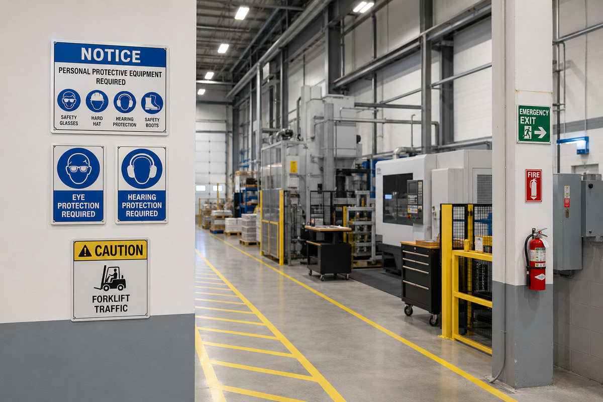 Workplace safety signs displayed in an industrial facility