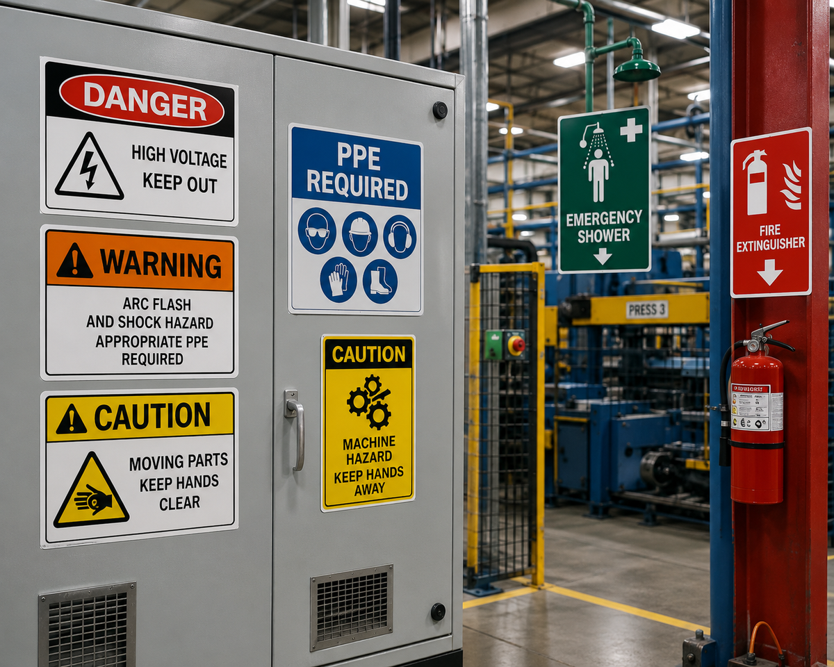 Industrial safety signs for manufacturing and industrial facilities