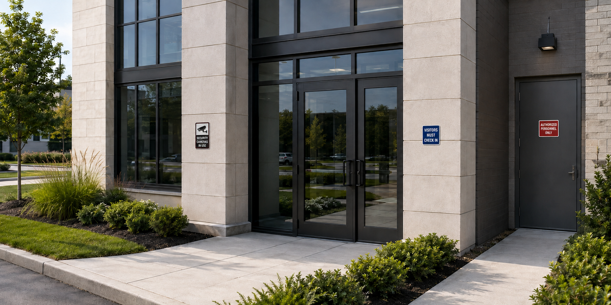 Security and restricted area signs protecting a commercial facility