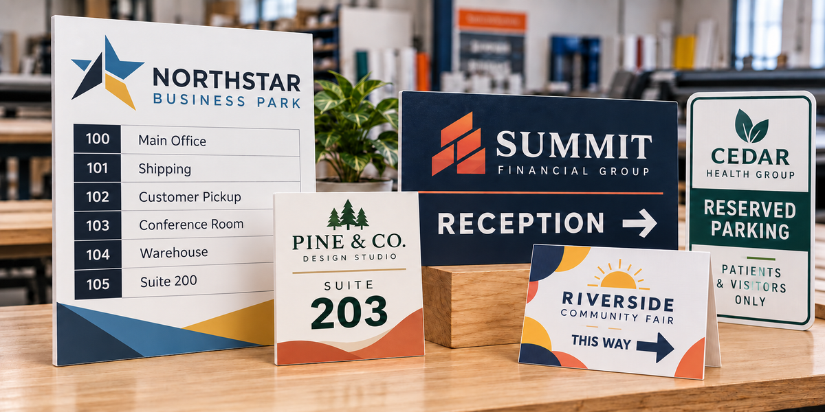 Custom directory, suite, reception, parking and event signs featuring a variety of professional business logos.