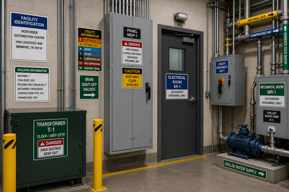 Industrial utility identification labels and signs for electrical and mechanical systems