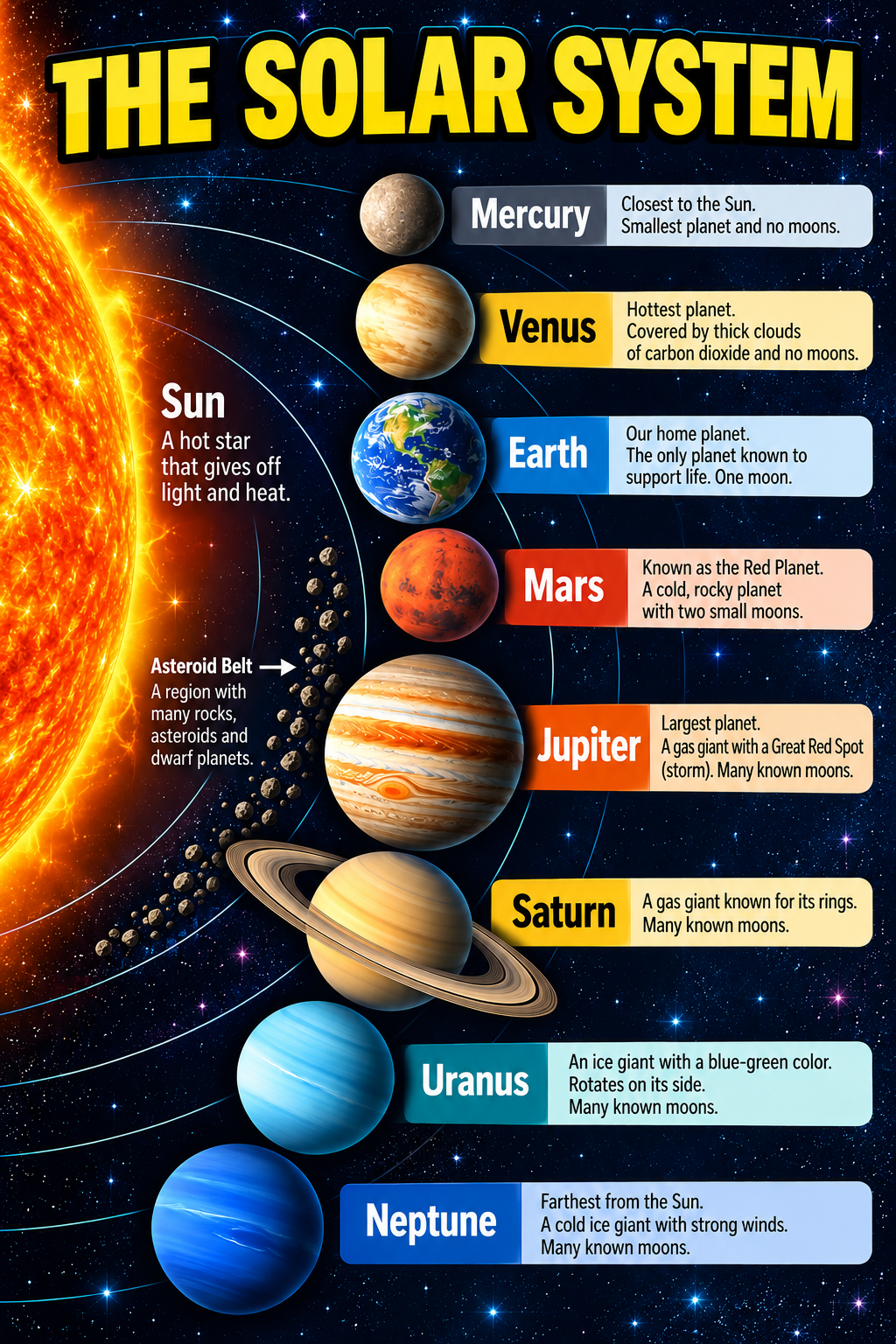 Solar System educational poster showing the Sun and eight planets with classroom learning facts