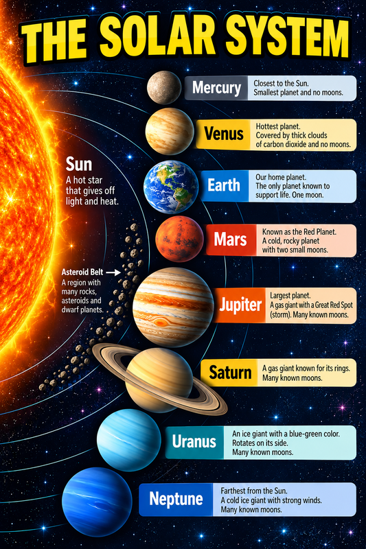 Solar System educational poster showing the Sun and eight planets with classroom learning facts