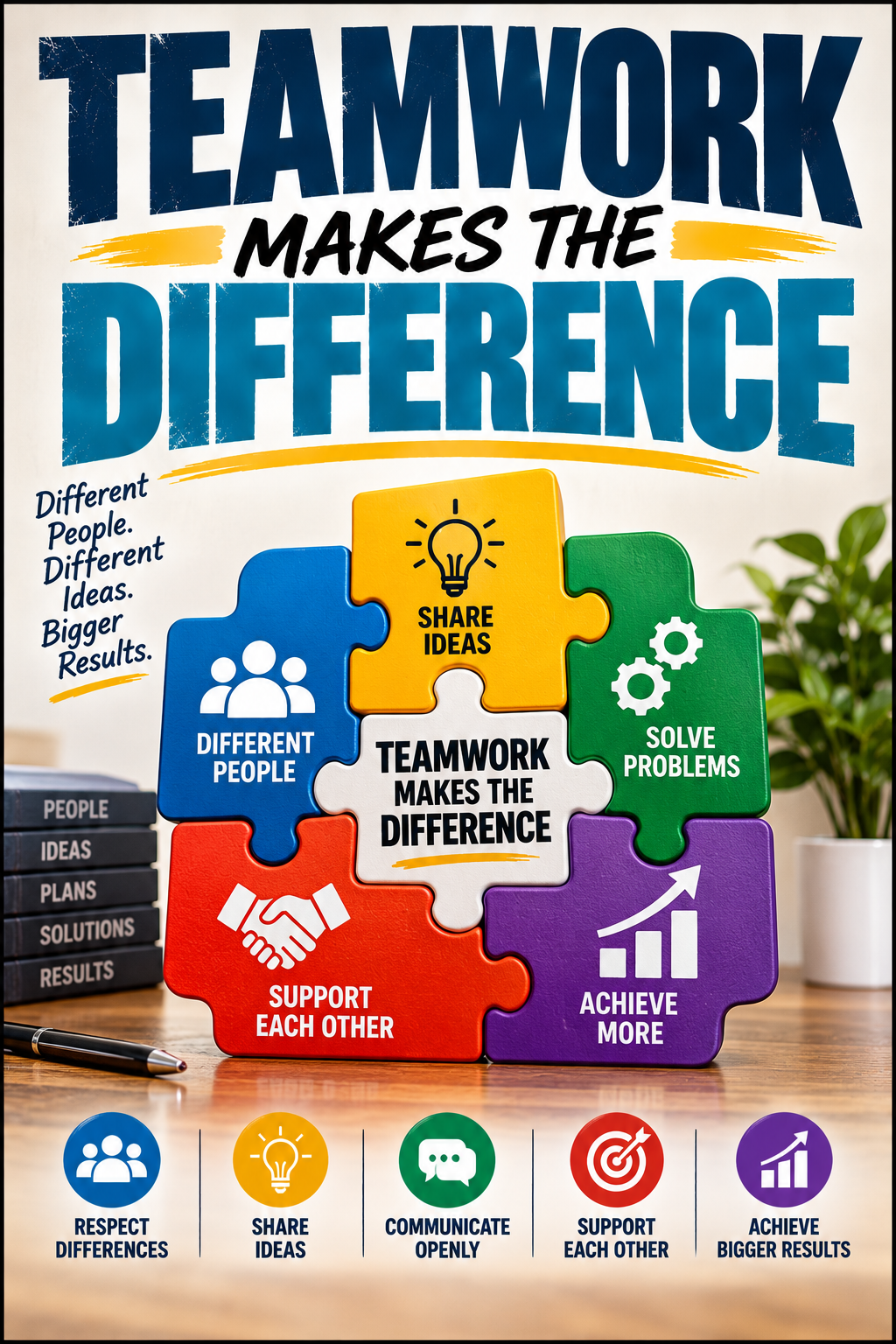 Teamwork Makes the Difference motivational poster with colorful interlocking puzzle pieces representing different people, shared ideas, problem solving, support and bigger results