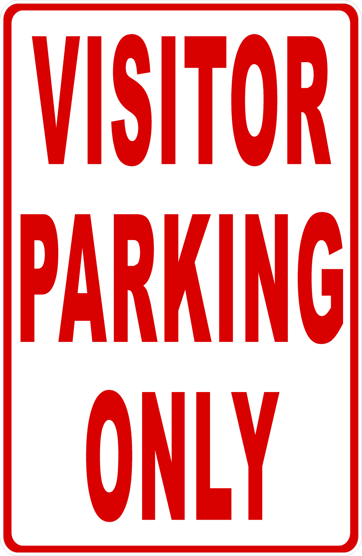 A white rectangular sign with a red border and large red text reading 'VISITOR PARKING ONLY'.