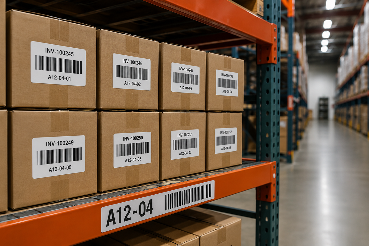 Barcode inventory labels applied to warehouse stock and cartons