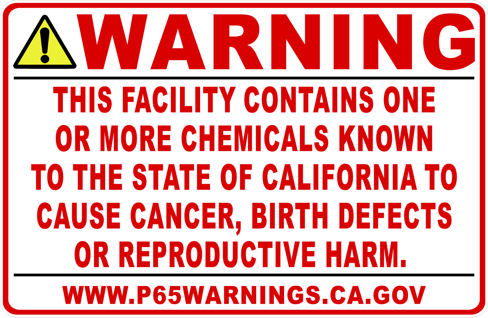 Warning This Facility Contains One Or More Chemicals St of CA Prop 65 Decal