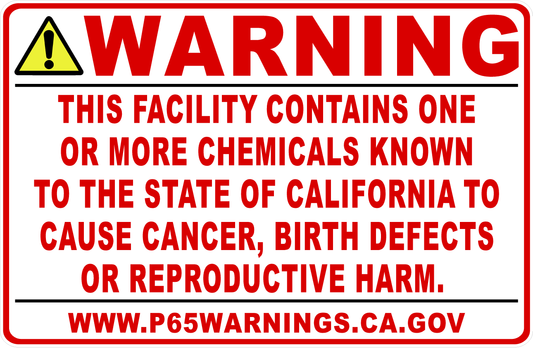 Warning This Facility Contains One Or More Chemicals St of CA Prop 65 Decal