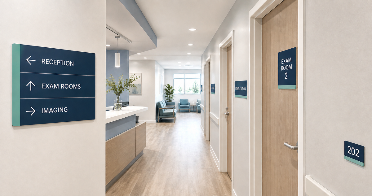 Directional and wayfinding signs guiding visitors through a facility
