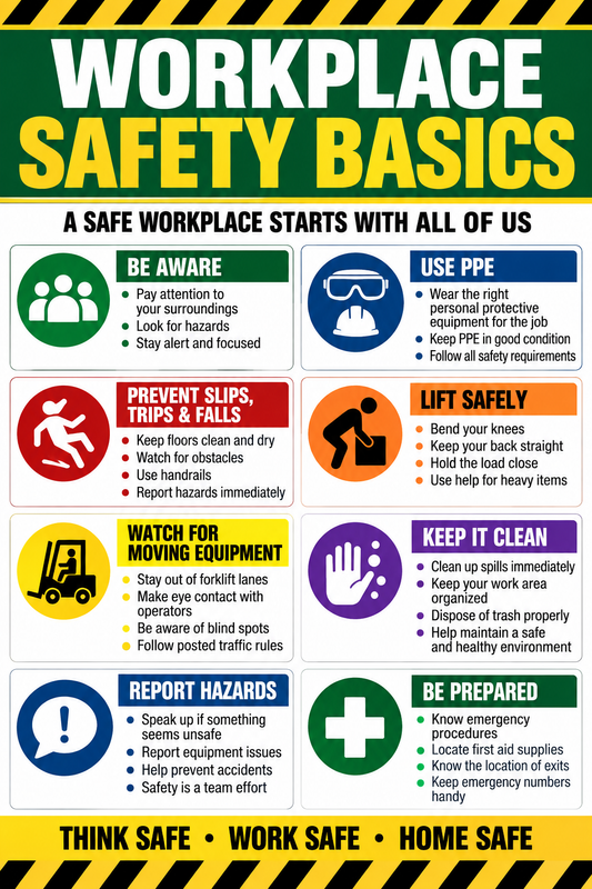 Workplace Safety Basics poster with PPE, lifting, housekeeping and hazard prevention reminders