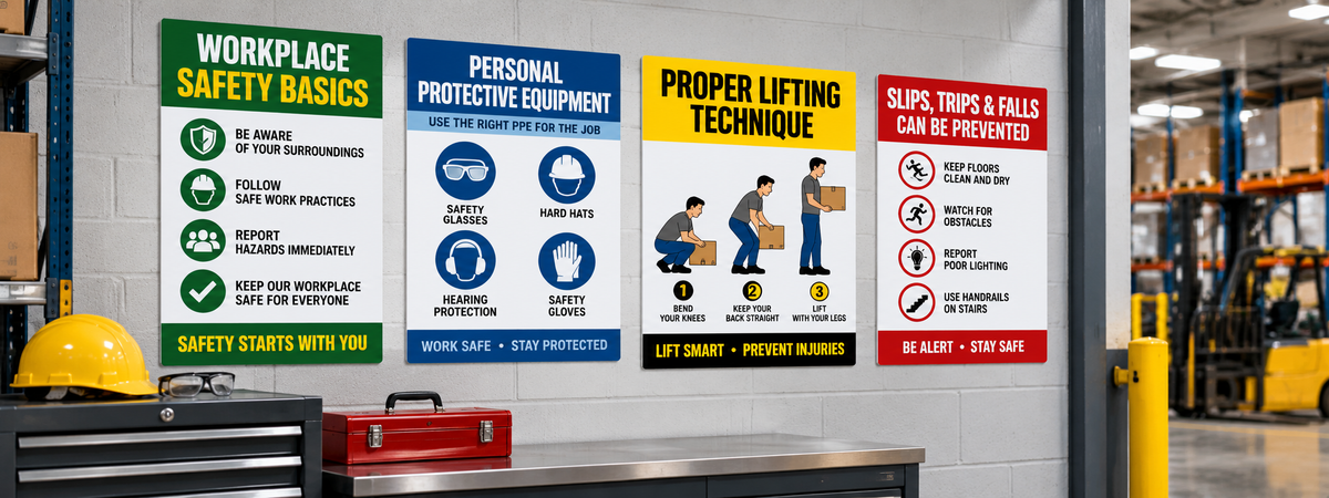 Workplace safety posters displayed in a warehouse featuring PPE, lifting and accident prevention topics