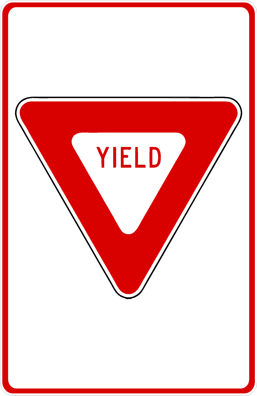White rectangular sign with a red border and an inverted red triangle containing the word “YIELD.”