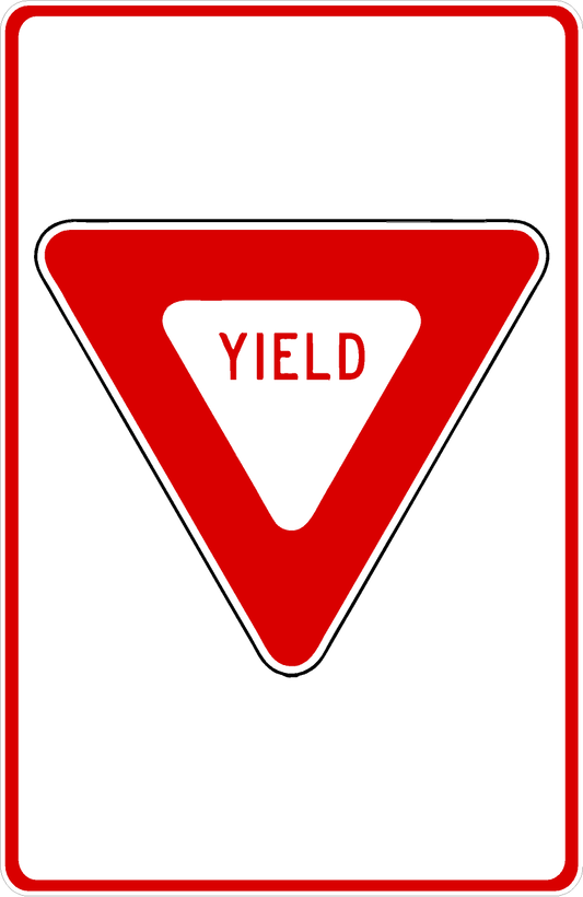 White rectangular sign with a red border and an inverted red triangle containing the word “YIELD.”