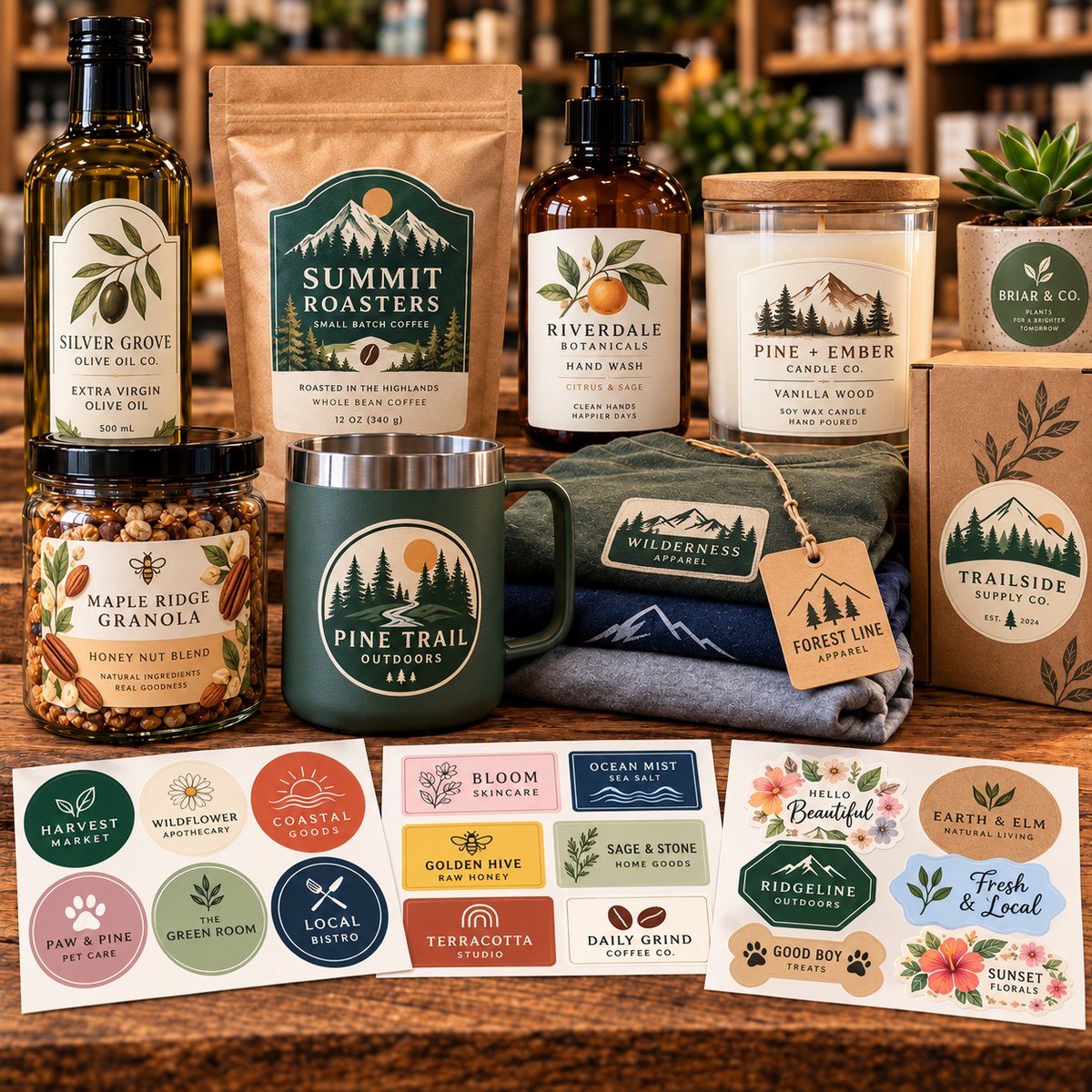 Custom labels displayed on assorted products, packaging, merchandise and printed label sheets.