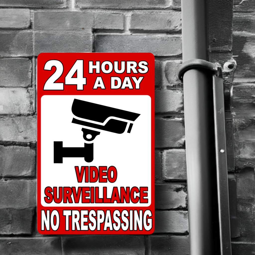 24 Hours a Day Video Surveillance in Use No Trespassing Sign