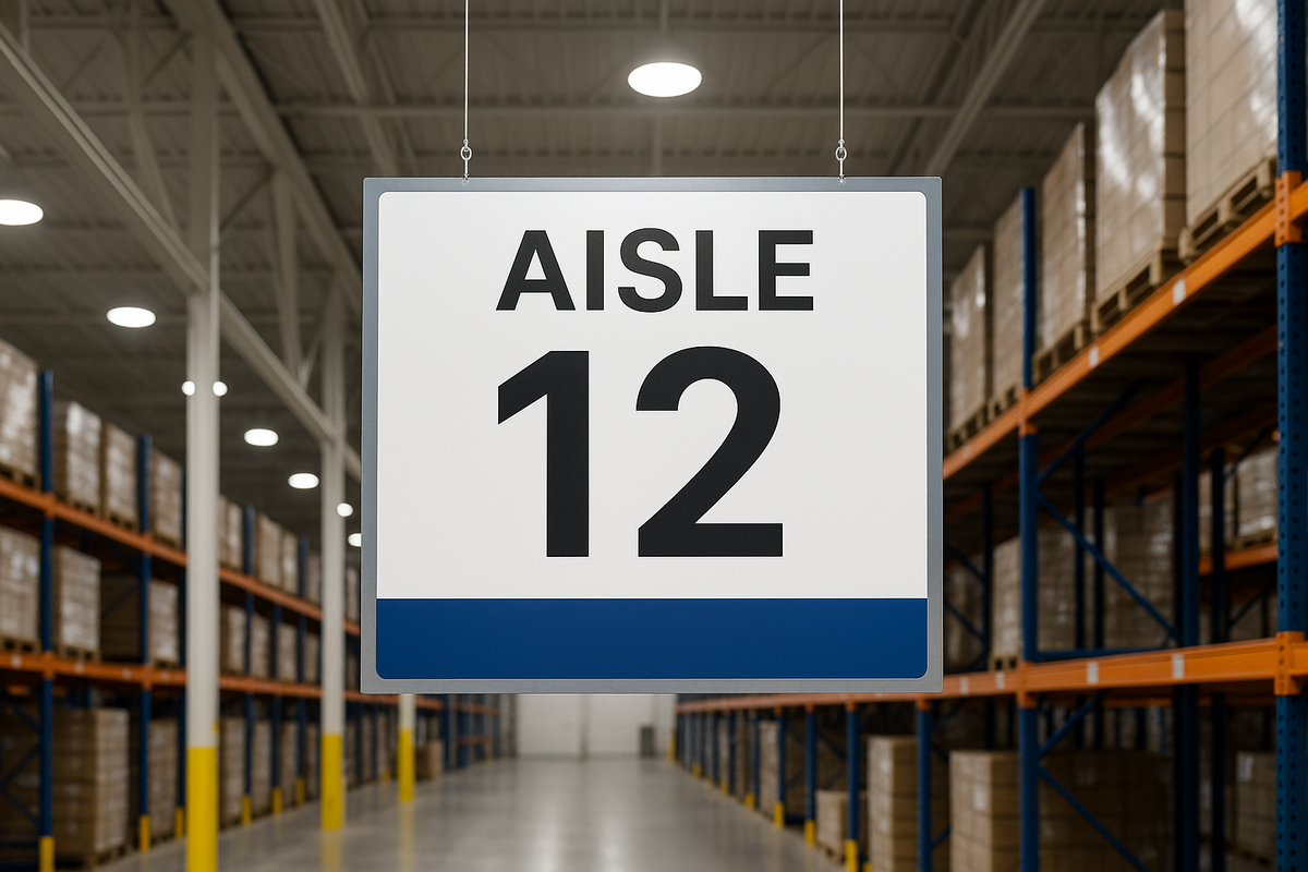 Warehouse aisle identification sign marked Aisle 12