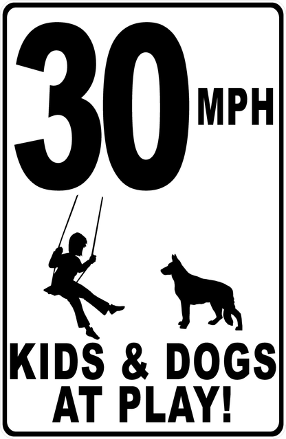 MPH (Choice) Kids & Dogs at Play with Posted Speed Limit Sign